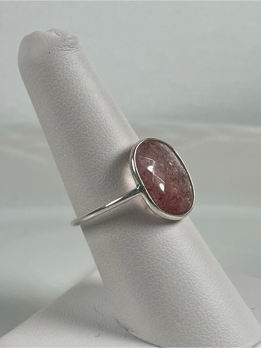 Solid Sterling Silver 925 Strawberry Quartz Gemstone Flat Stacker Ring Size 9